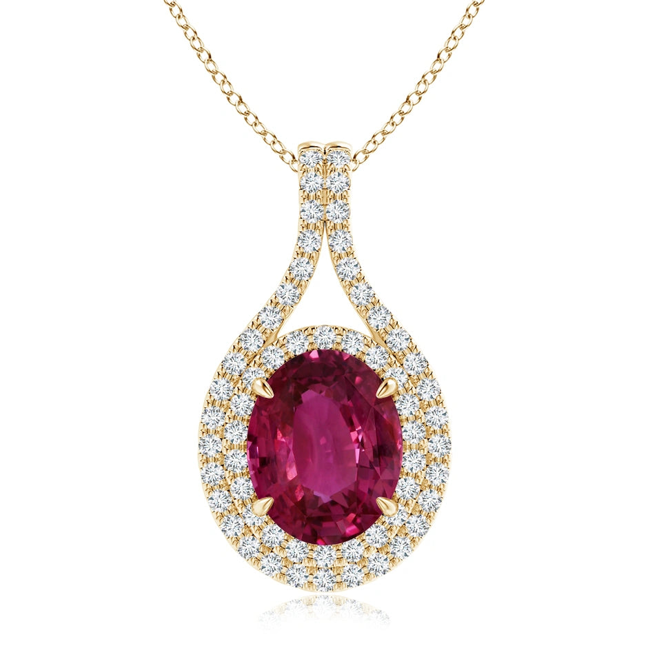 GIA Certified Oval Pink Sapphire and Diamond Double Halo Pendant