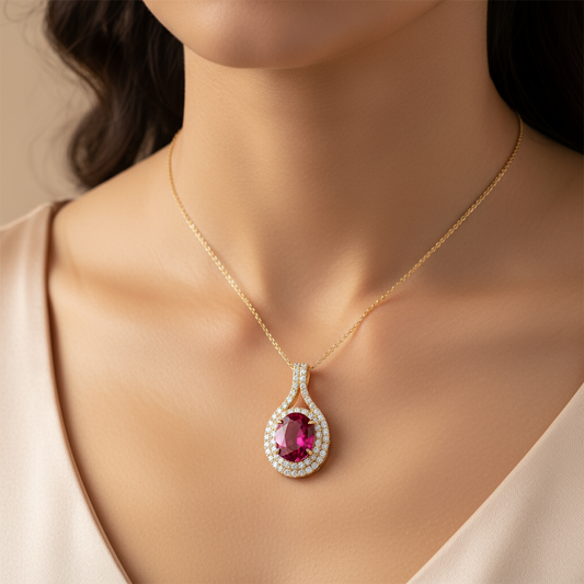 GIA Certified Oval Pink Sapphire and Diamond Double Halo Pendant