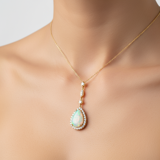 Prong-Set Opal Teardrop Halo Pendant with Diamond Accents