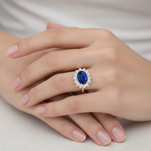 Princess Diana Inspired Blue Sapphire Ring with Diamond Halo