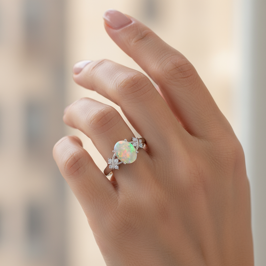 Solitaire Oval Opal Criss Cross Ring with Diamonds