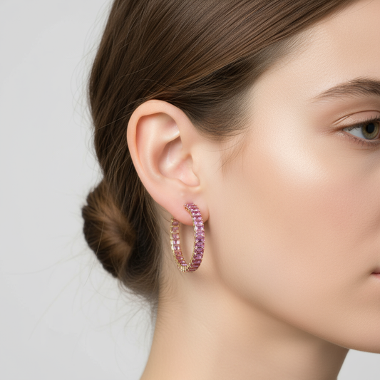Gold and 21.75ctw Pink Sapphire Hoop Earrings