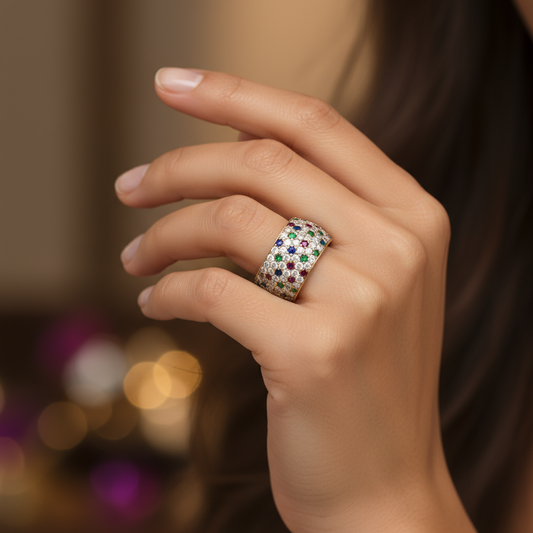 Gold, Ruby, Sapphire, Emerald and Diamond Wide Ring