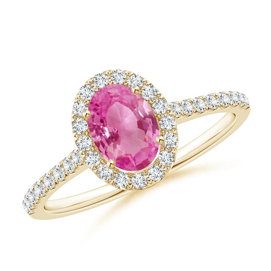 Prong-Set Oval Pink Sapphire Halo Ring with Diamond Accents