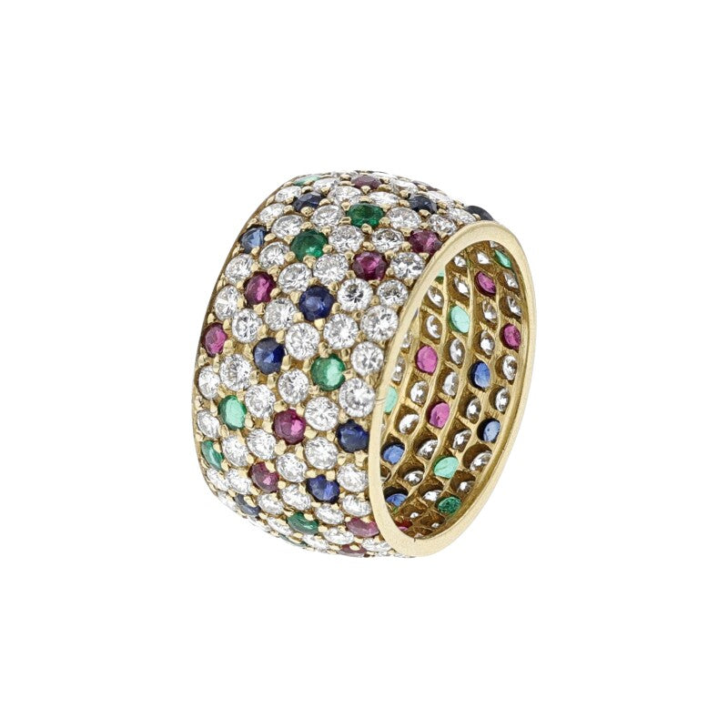 Gold, Ruby, Sapphire, Emerald and Diamond Wide Ring