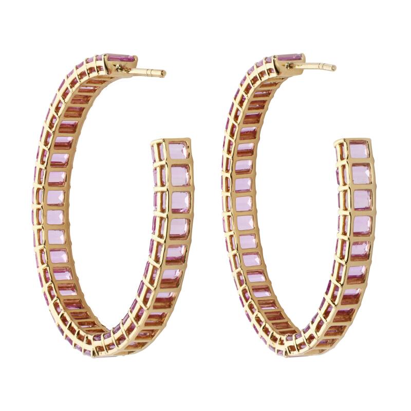 Gold and 21.75ctw Pink Sapphire Hoop Earrings