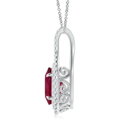 GIA Certified Oval Pink Sapphire and Diamond Double Halo Pendant