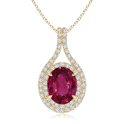 GIA Certified Oval Pink Sapphire and Diamond Double Halo Pendant