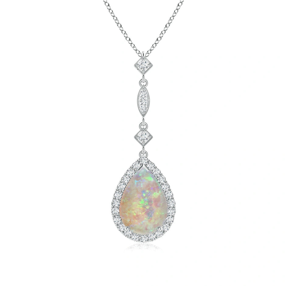 Prong-Set Opal Teardrop Halo Pendant with Diamond Accents