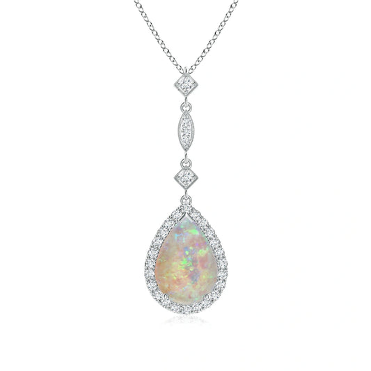 Prong-Set Opal Teardrop Halo Pendant with Diamond Accents