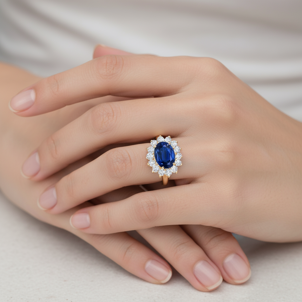 Princess Diana Inspired Blue Sapphire Ring with Diamond Halo