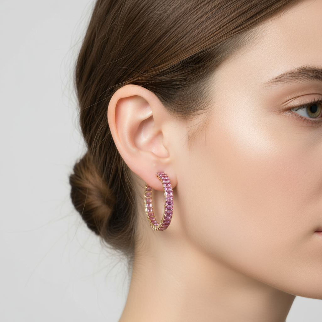 Gold and 21.75ctw Pink Sapphire Hoop Earrings