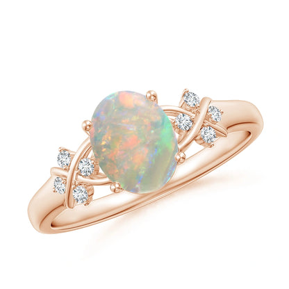 Solitaire Oval Opal Criss Cross Ring with Diamonds