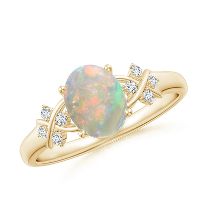 Solitaire Oval Opal Criss Cross Ring with Diamonds