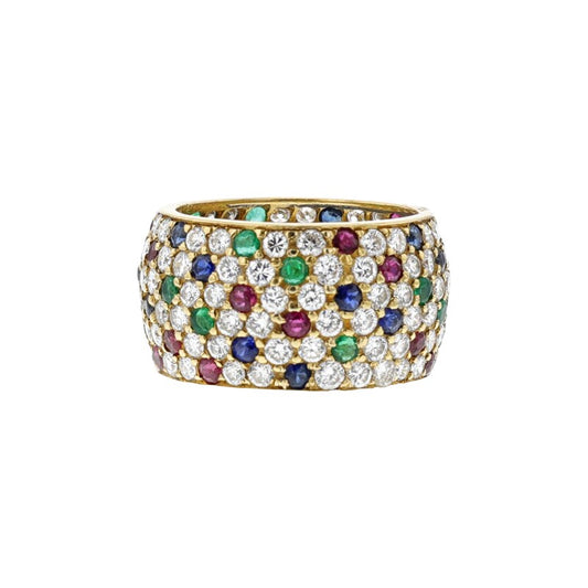 Gold, Ruby, Sapphire, Emerald and Diamond Wide Ring