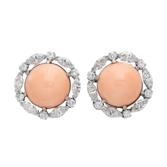David Webb Platinum, Coral and Diamond Earclips
