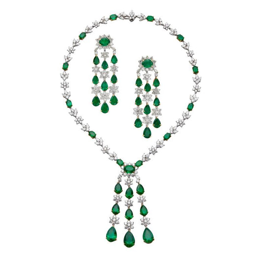 59.28ctw Zambian Emerald and Diamond Earring and Necklace Set